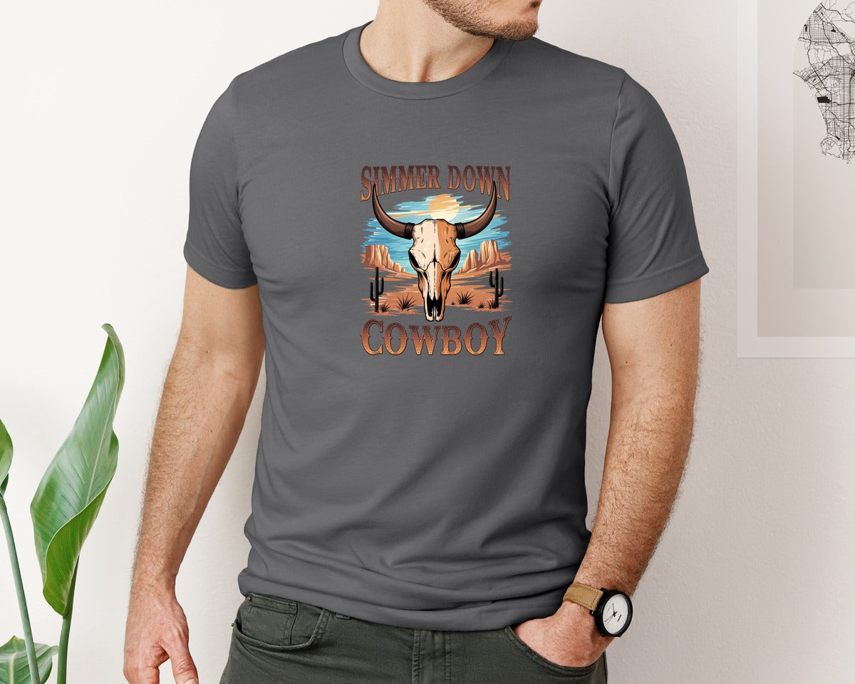 brand:Bella Canvas|color:Asphalt|Simmer Down Cowboy Western Skull 5 Graphic T-Shirt