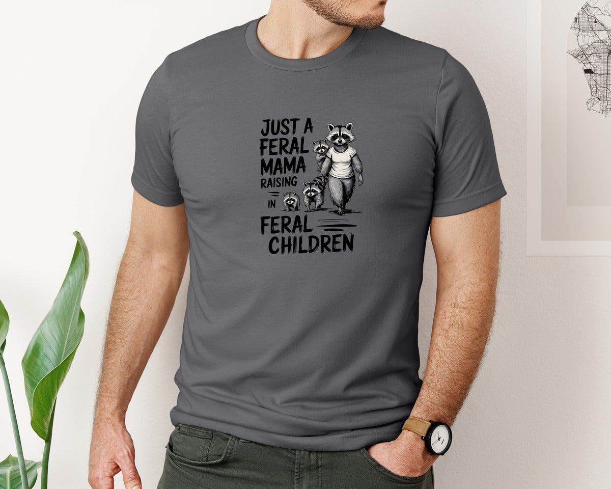 brand:Bella Canvas|color:Asphalt|Funny Mothers Day Raccoon Mama Tired Graphic T-Shirt