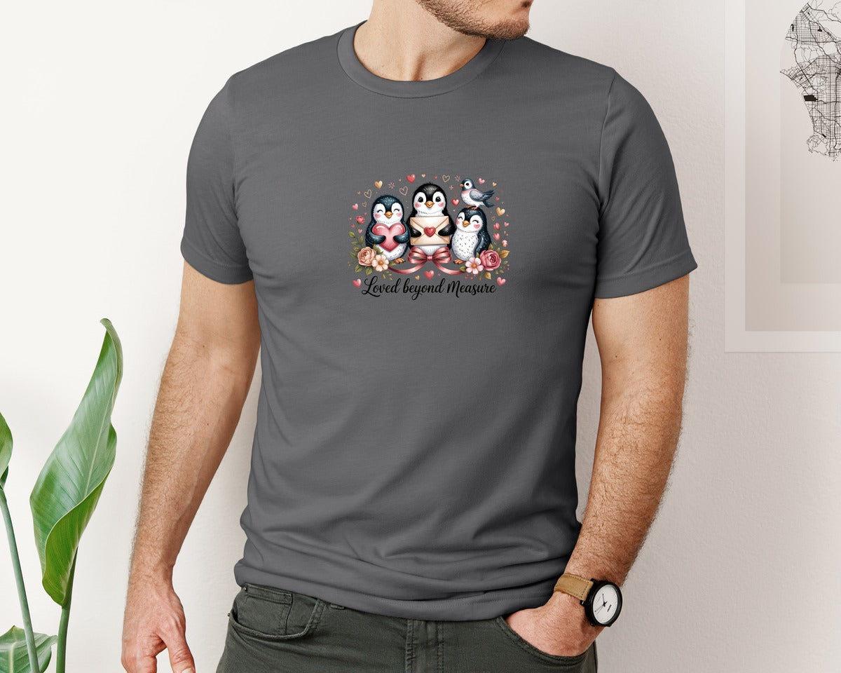brand:Bella Canvas|color:Asphalt|Cute Valentine Penguin Love Floral Graphic T-Shirt