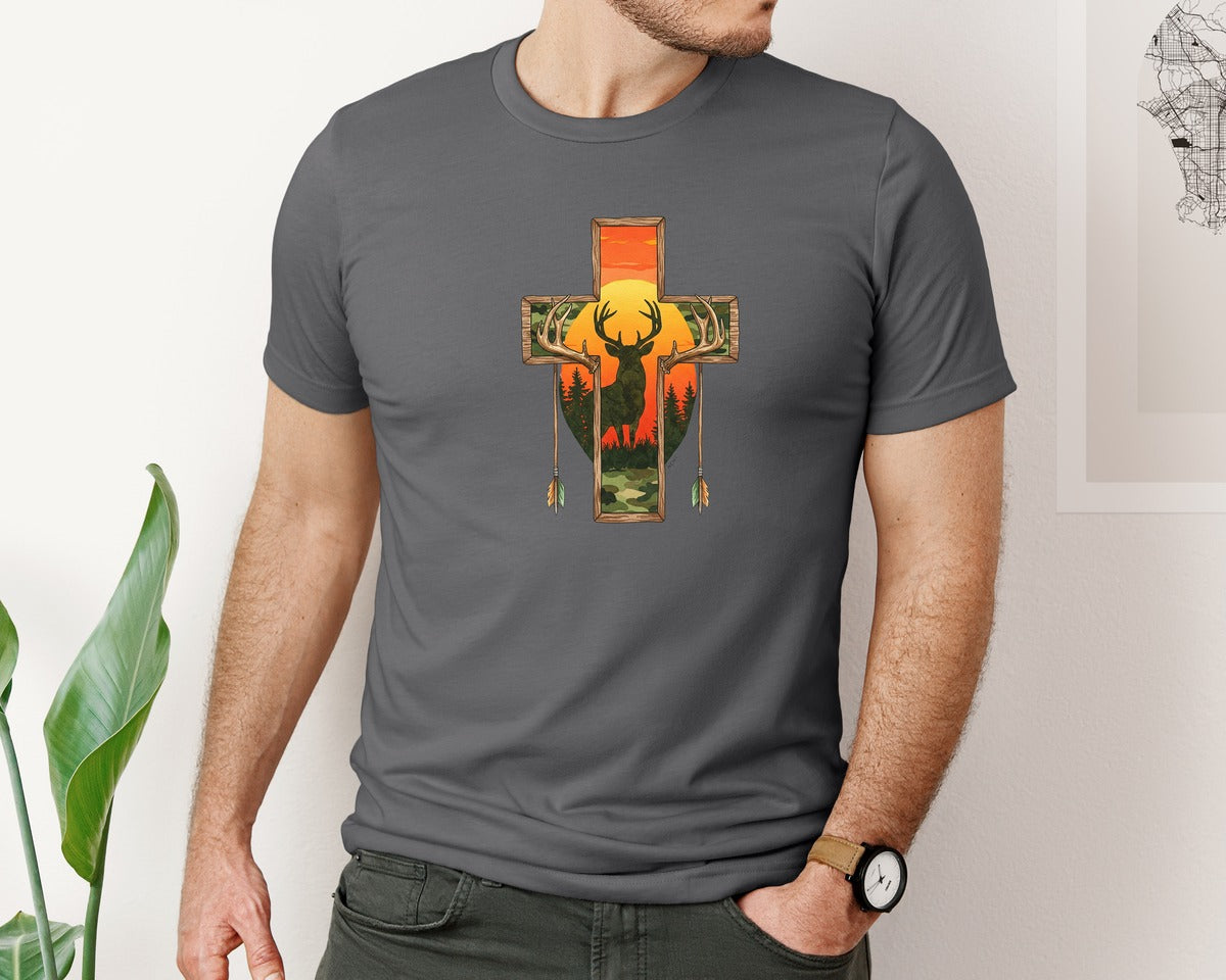 brand:Bella Canvas|color:Asphalt|Deer Cross Rustic Hunting Cross Sub Graphic T-Shirt