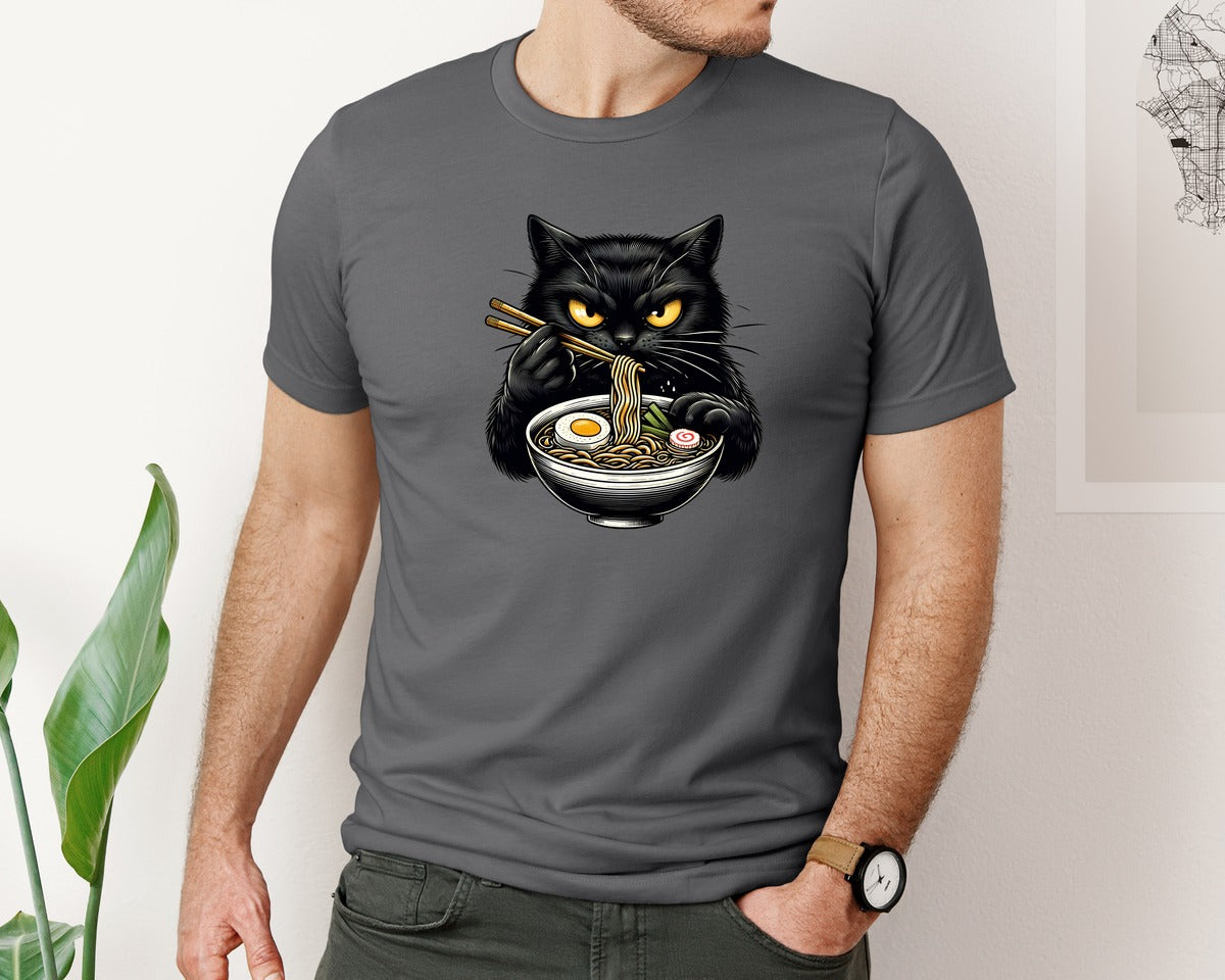 brand:Bella Canvas|color:Asphalt|Cute Black Cat Eating Ramen Noodle 3 Graphic T-Shirt