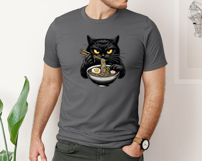 brand:Bella Canvas|color:Asphalt|Cute Black Cat Eating Ramen Noodle 3 Graphic T-Shirt