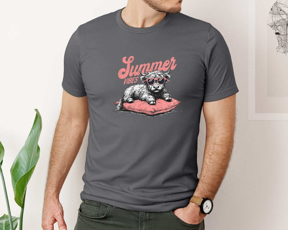 brand:Bella Canvas|color:Asphalt|Summer Vibes Highland Cow Shirt Graphic T-Shirt