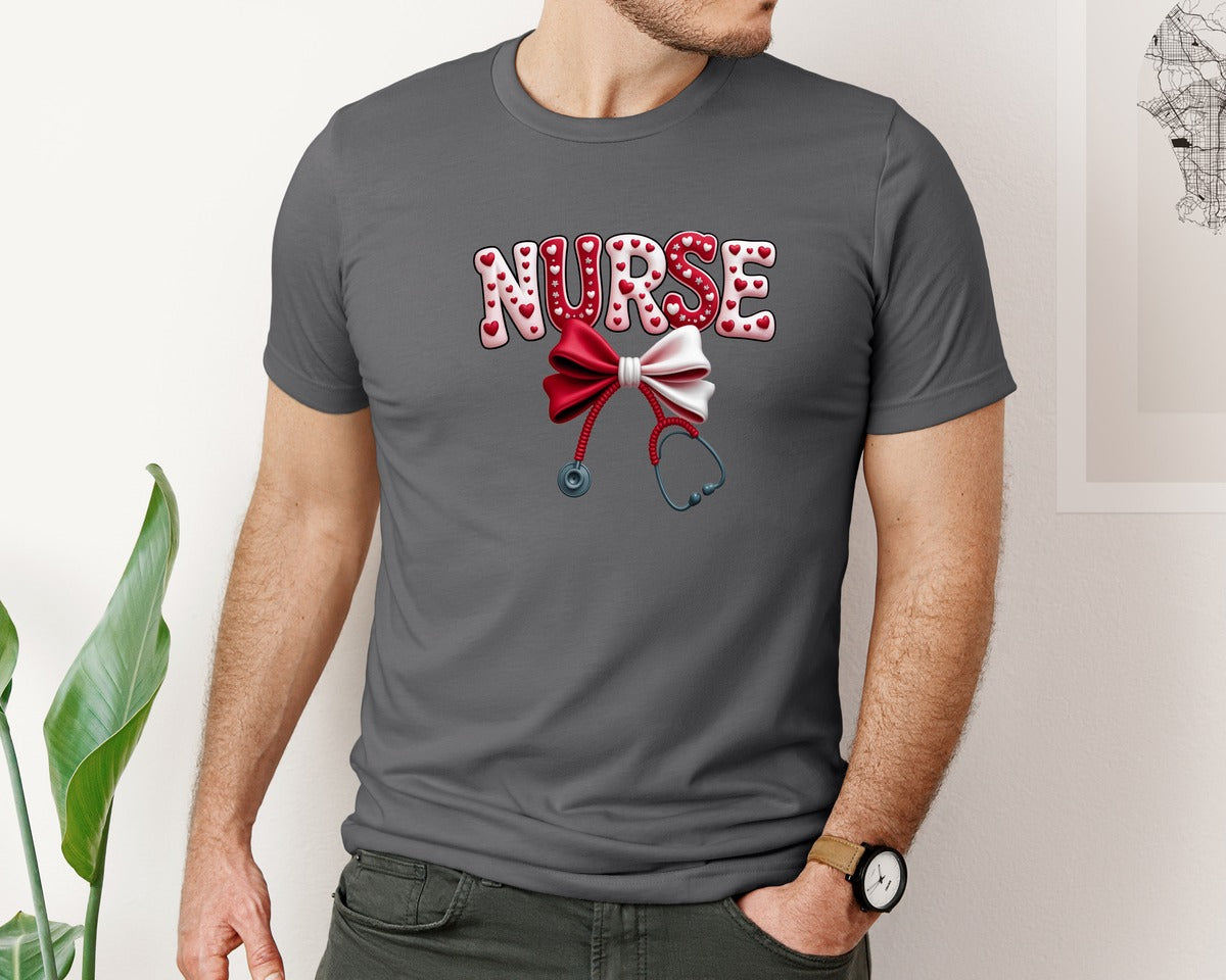 brand:Bella Canvas|color:Asphalt|Faux Yarn Coquette Nurse Valentine Graphic T-Shirt