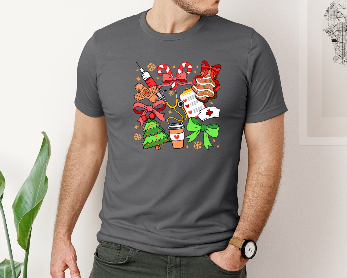 brand:Bella Canvas|color:Asphalt|Christmas Preppy Coquette Nurse 2 Graphic T-Shirt