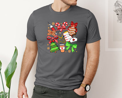 brand:Bella Canvas|color:Asphalt|Christmas Preppy Coquette Nurse 2 Graphic T-Shirt