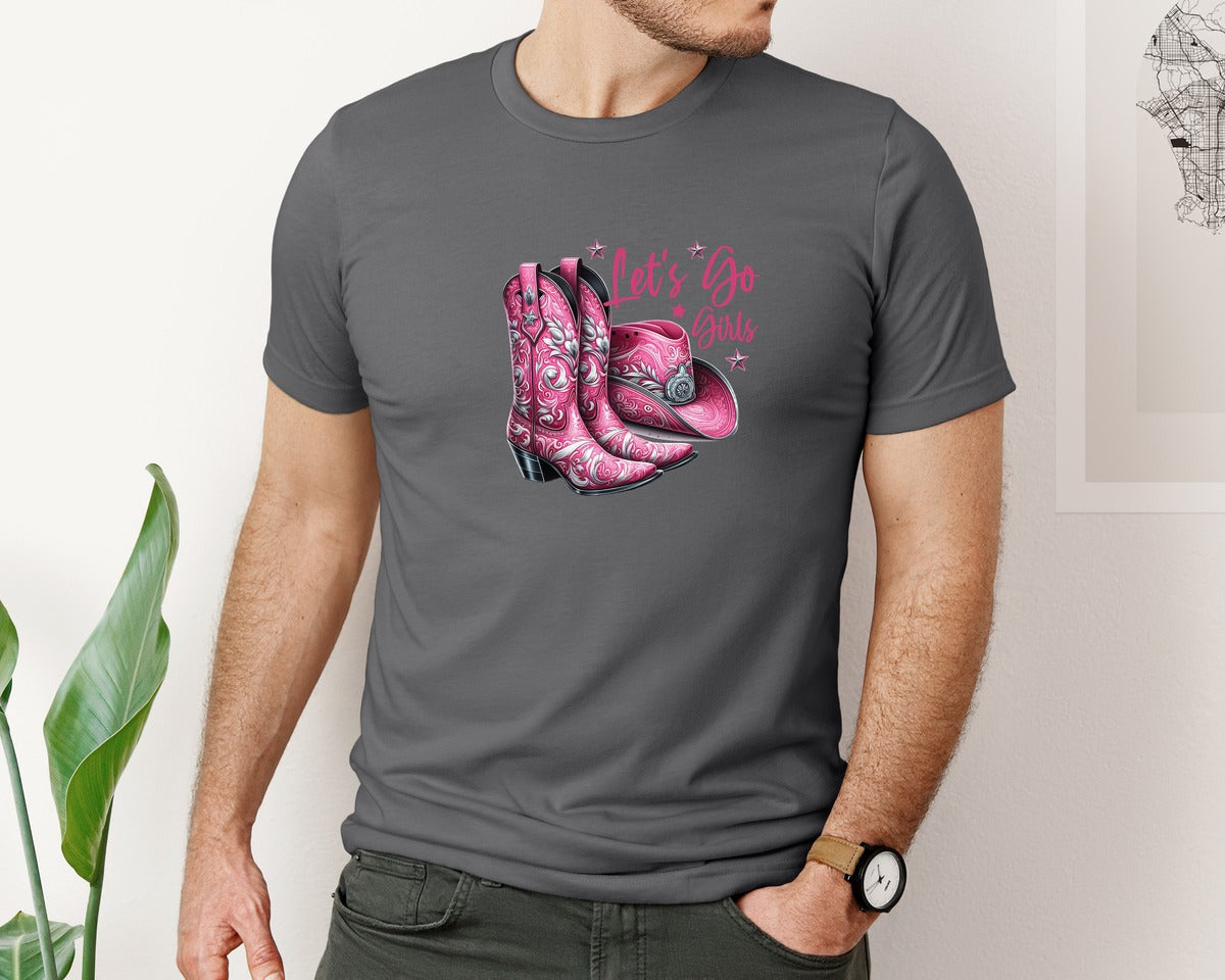 brand:Bella Canvas|color:Asphalt|Lets Go Girls Cowgirl Boots 2 Graphic T-Shirt