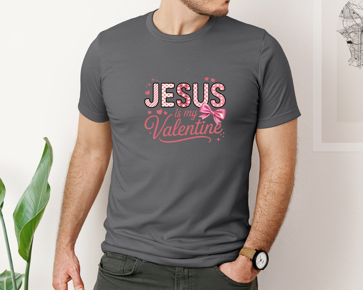 brand:Bella Canvas|color:Asphalt|Jesus Is My Valentine Coquette Bow D 2 Graphic T-Shirt