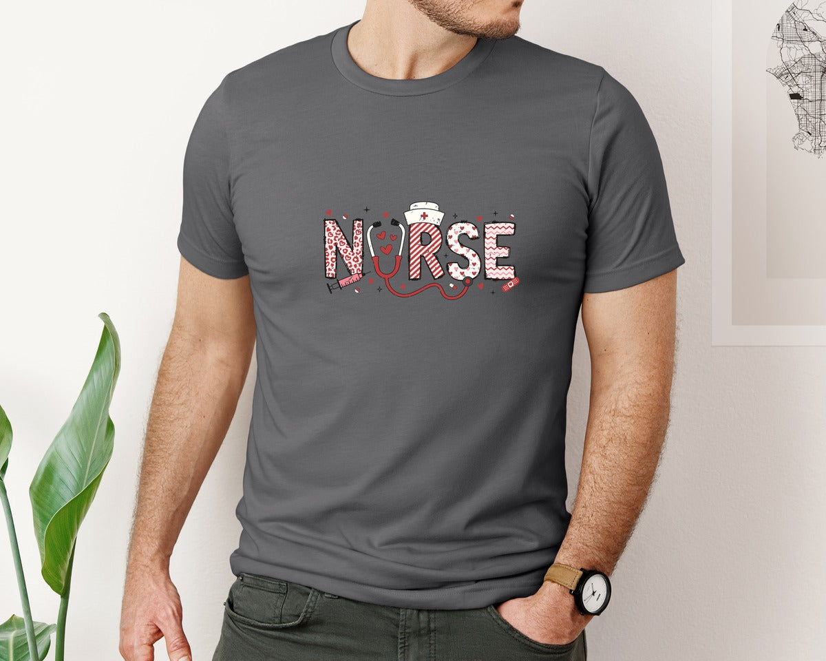 brand:Bella Canvas|color:Asphalt|Nurse Valentine Day Letters Doodle Graphic T-Shirt