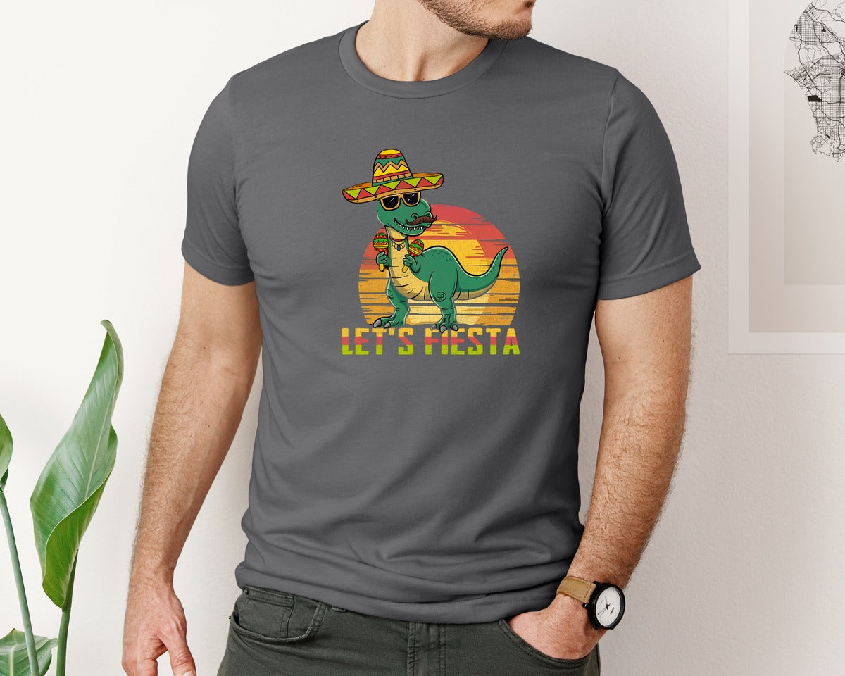 brand:Bella Canvas|color:Asphalt|Lets Fiesta Dinosaur Cinco De Mayo Graphic T-Shirt