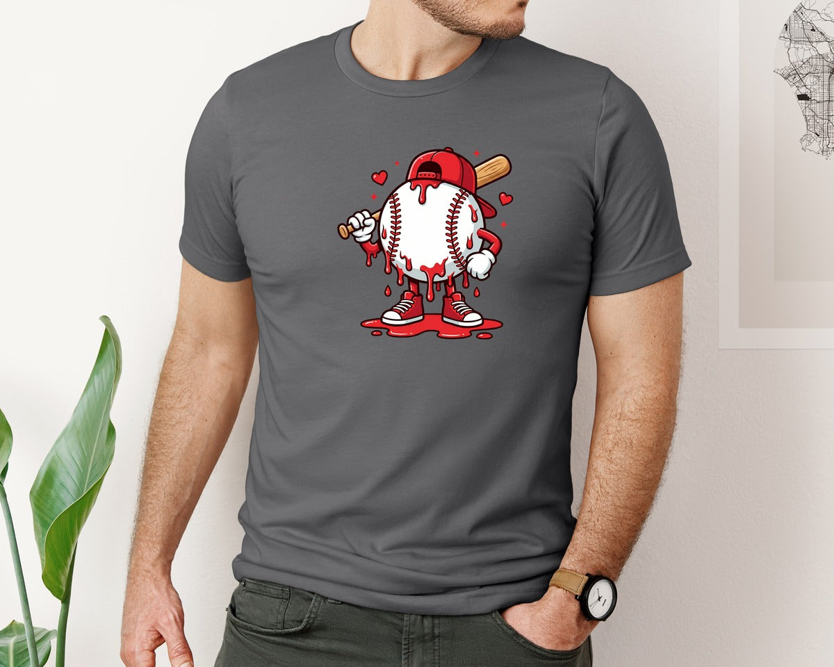 brand:Bella Canvas|color:Asphalt|Cute Baseball Valentine Dripping Graphic T-Shirt