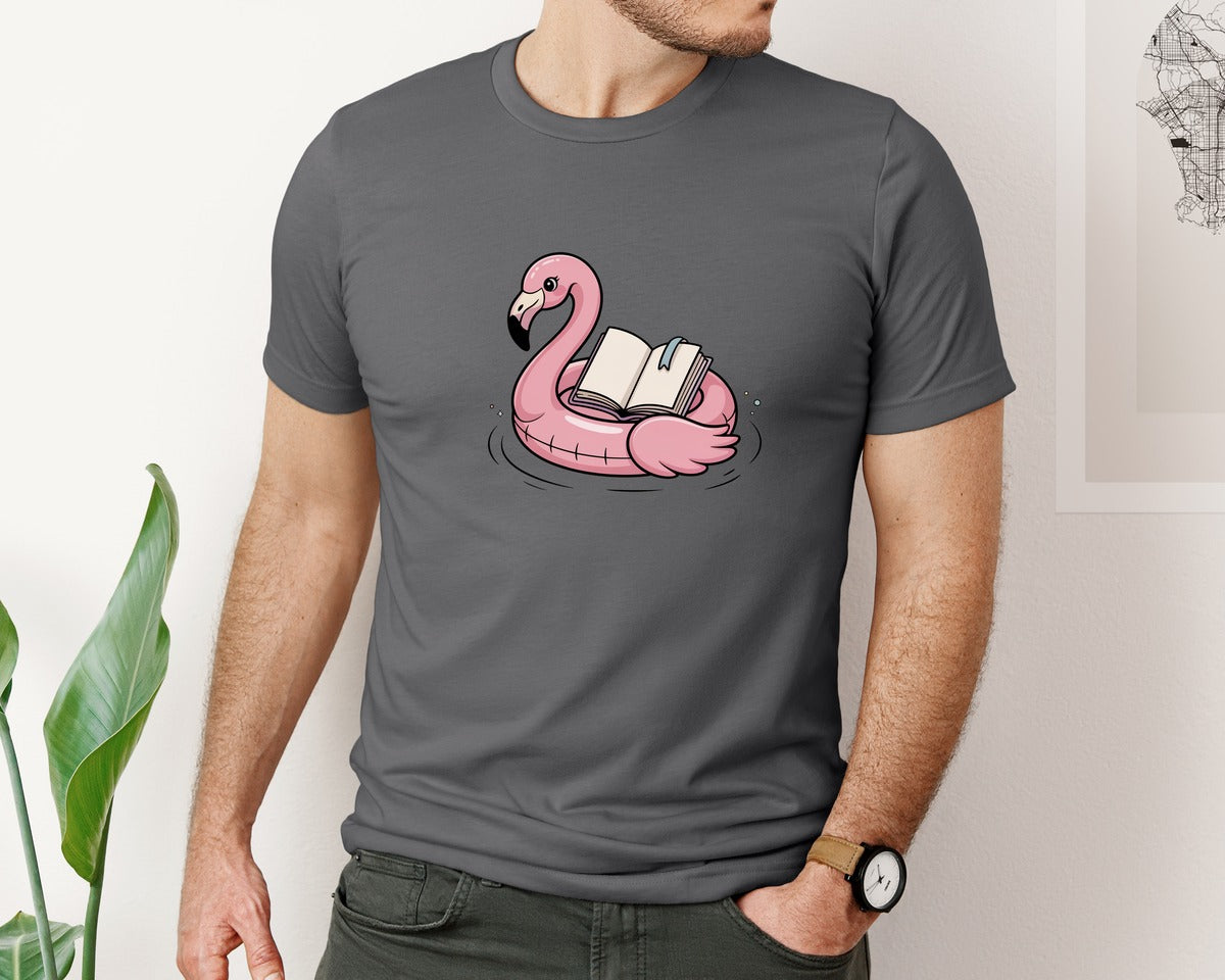 brand:Bella Canvas|color:Asphalt|Cute Book Lover Floating Flamingo Graphic T-Shirt