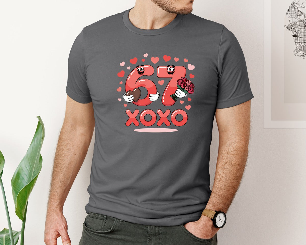 brand:Bella Canvas|color:Asphalt|Cute 67 Xoxo Valentine Couple Heart Graphic T-Shirt