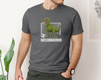 brand:Bella Canvas|color:Asphalt|T Rex Playing Soccer T Shirt Graphic T-Shirt