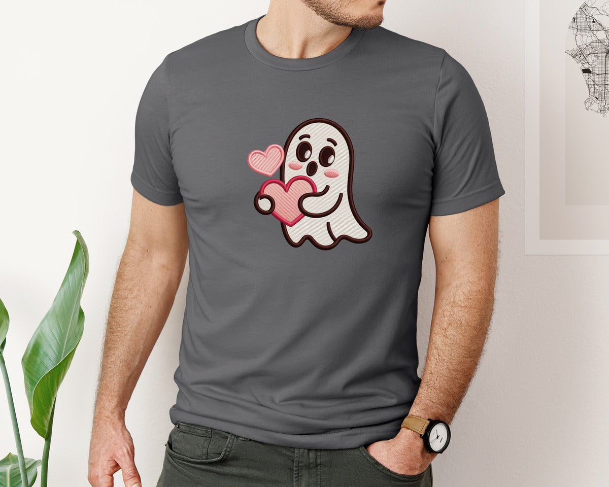 brand:Bella Canvas|color:Asphalt|Cute Ghost With Hearts Embroidery Graphic T-Shirt