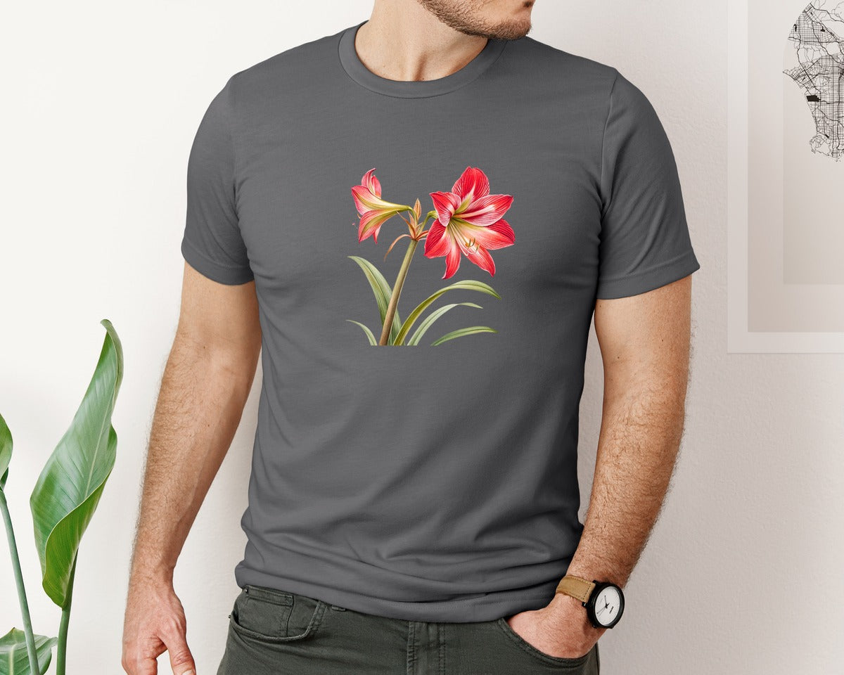 brand:Bella Canvas|color:Asphalt|Red Amaryllis Flower T Shirt Design Graphic T-Shirt
