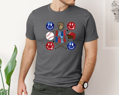 brand:Bella Canvas|color:Asphalt|Retro Smiley Glitter Baseball Graphic T-Shirt