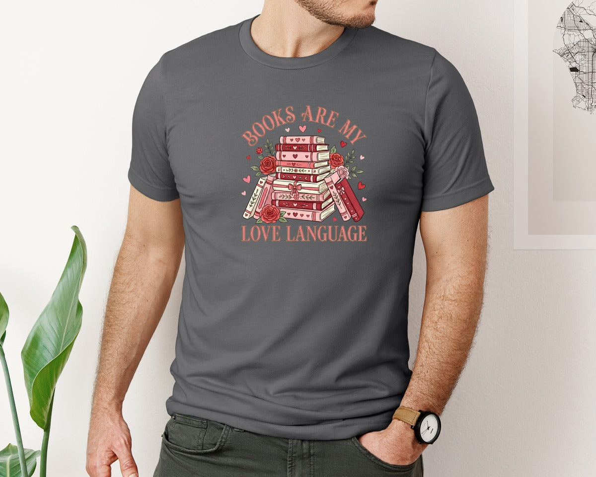 brand:Bella Canvas|color:Asphalt|Books Are My Love Language Valentine 3 Graphic T-Shirt