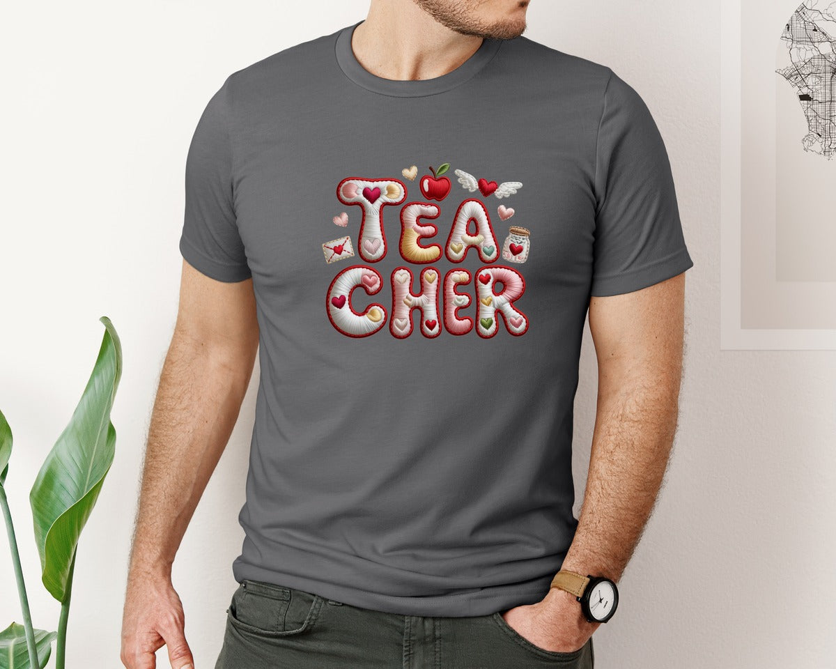 brand:Bella Canvas|color:Asphalt|Embroidery Teacher Cheer Apple Shirt Graphic T-Shirt