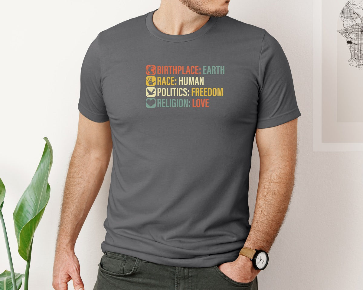 brand:Bella Canvas|color:Asphalt|Birthplace Earth Race Human Politics 4 Graphic T-Shirt