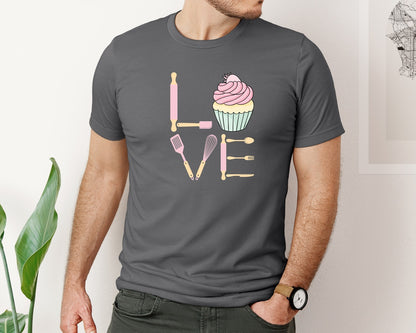 brand:Bella Canvas|color:Asphalt|Baking Love Cupcake Whisk Spatula Graphic T-Shirt