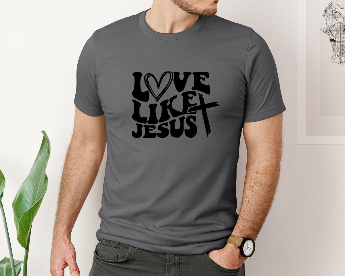 brand:Bella Canvas|color:Asphalt|Love Like Jesus Wavy 2 Graphic T-Shirt