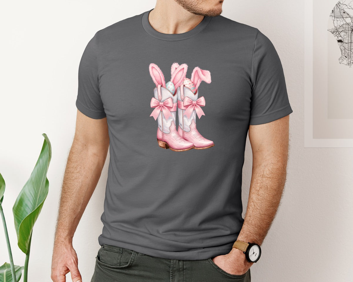 brand:Bella Canvas|color:Asphalt|Howdy Western Easter Bunny Cowboy Boots Graphic T-Shirt