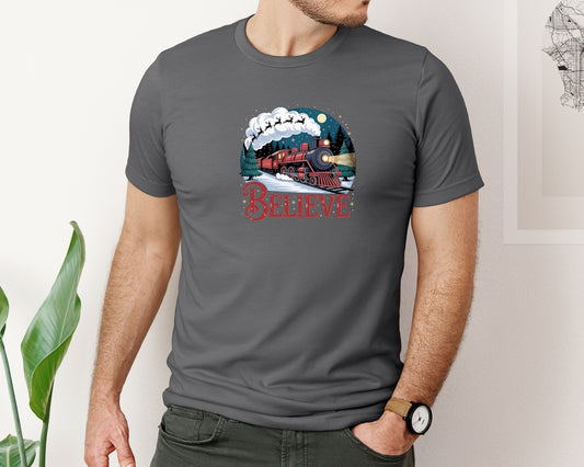 Believe North Pole Christmas Train Graphic T-Shirt