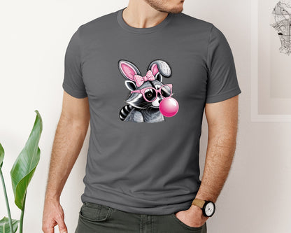 brand:Bella Canvas|color:Asphalt|Cute Raccoon With Glasses Bubble Gum 6 Graphic T-Shirt