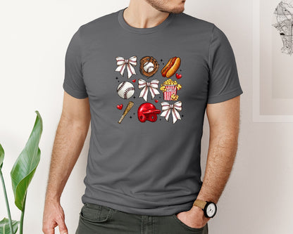 brand:Bella Canvas|color:Asphalt|Baseball Game Day Baseball Bow Graphic T-Shirt
