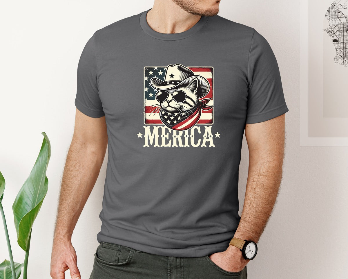 brand:Bella Canvas|color:Asphalt|Merica Cat Patriotic Cowboy Cat Graphic T-Shirt
