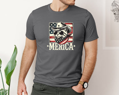 brand:Bella Canvas|color:Asphalt|Merica Cat Patriotic Cowboy Cat Graphic T-Shirt