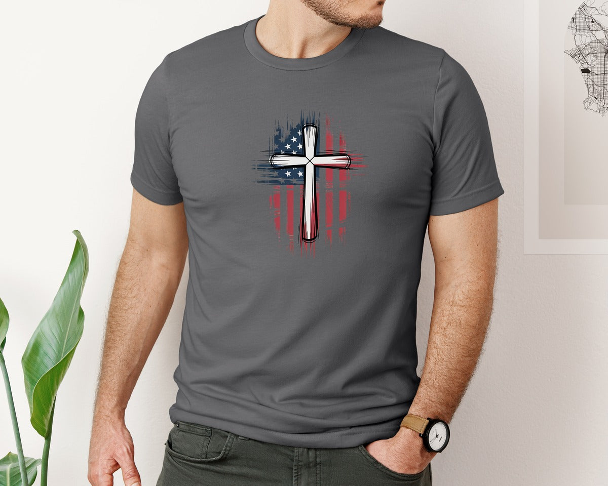 brand:Bella Canvas|color:Asphalt|Cross With Usa Flag Christian Cross Graphic T-Shirt