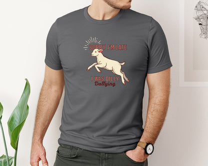 brand:Bella Canvas|color:Asphalt|Sorry Im Late Funny Goat Farm Graphic T-Shirt