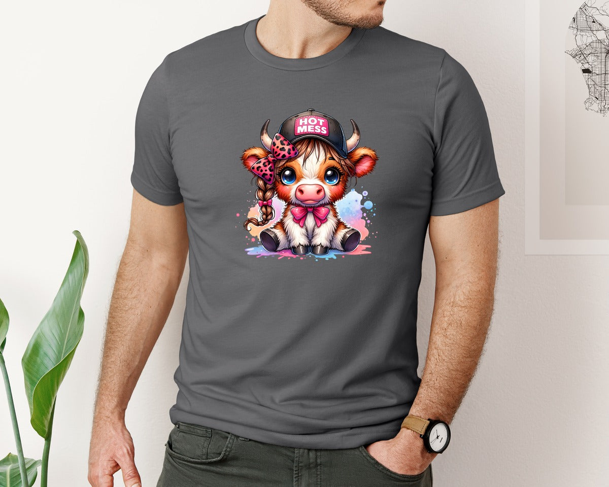 brand:Bella Canvas|color:Asphalt|Funny Hot Mess Highland Cow Graphic T-Shirt