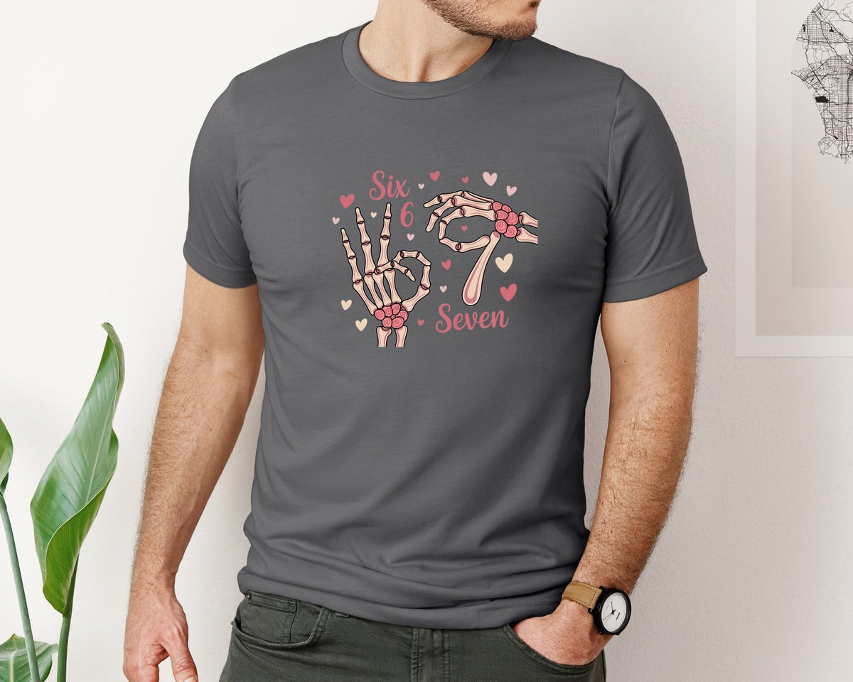 brand:Bella Canvas|color:Asphalt|Six Seven Skeleton Hands Funny Valentine 2 Graphic T-Shirt
