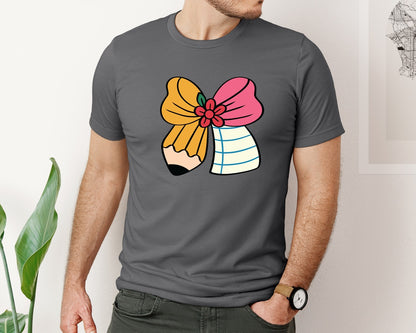 brand:Bella Canvas|color:Asphalt|Pencil Coquette Bow Teacher Crayon Graphic T-Shirt