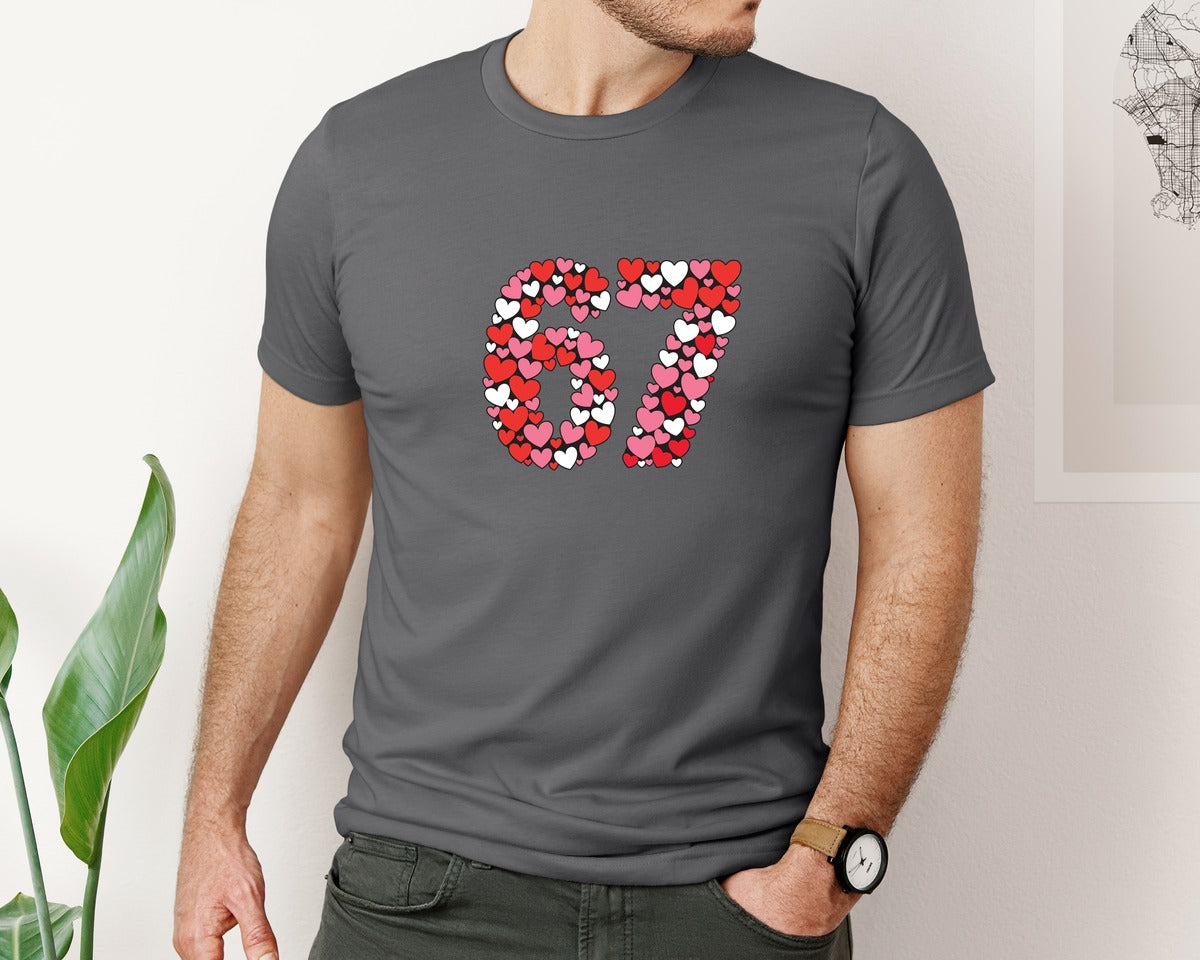 brand:Bella Canvas|color:Asphalt|Heart Number 67 Funny Valentine Meme Graphic T-Shirt