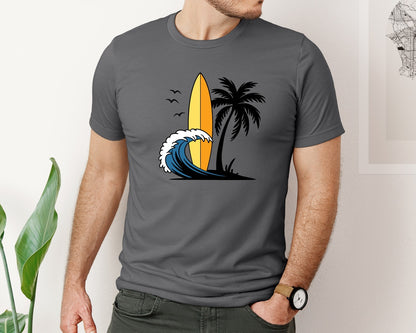 brand:Bella Canvas|color:Asphalt|Surfboard With Ocean Wave And Palm Tree Graphic T-Shirt