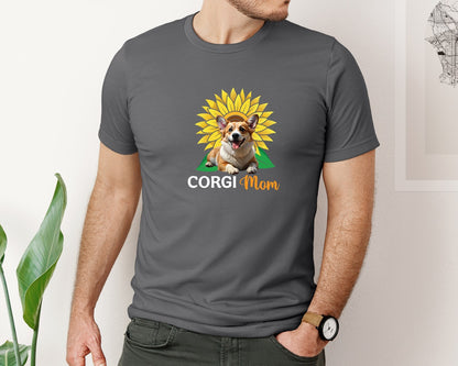 brand:Bella Canvas|color:Asphalt|Corgi Mom Sunflower Graphic T-Shirt