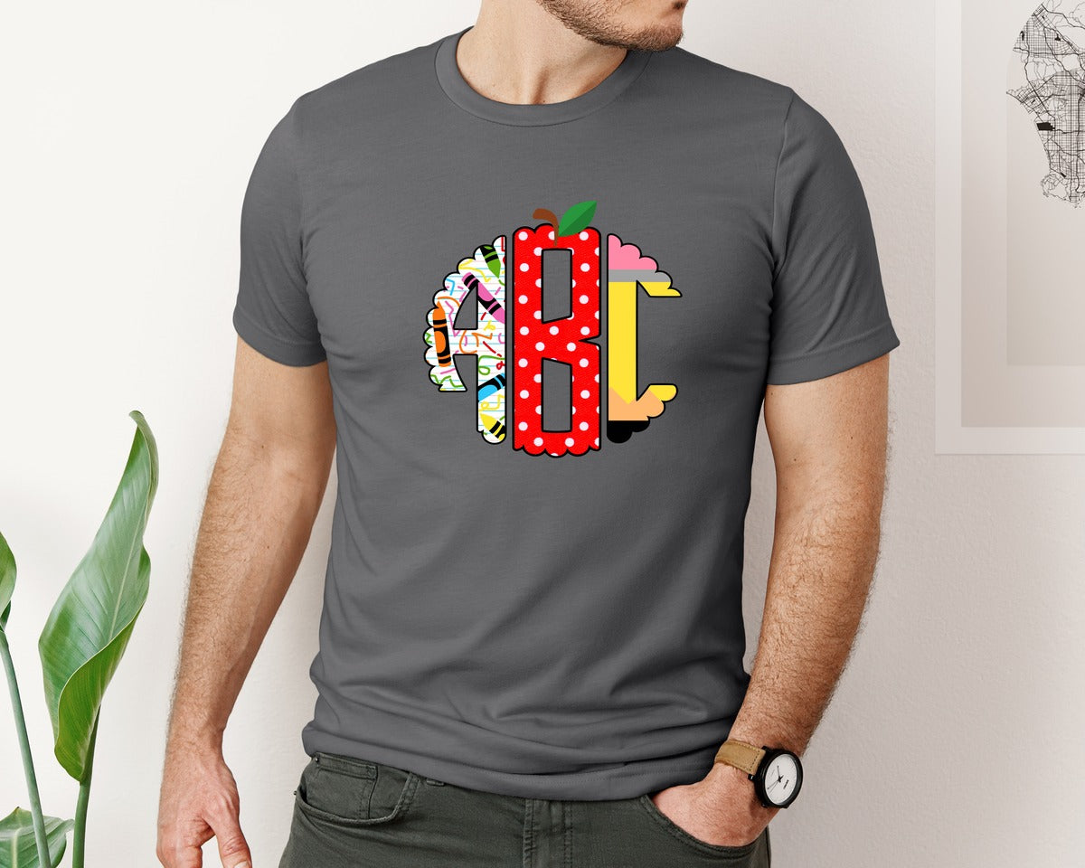 brand:Bella Canvas|color:Asphalt|Back To School Handdraw Circle Monogram Graphic T-Shirt