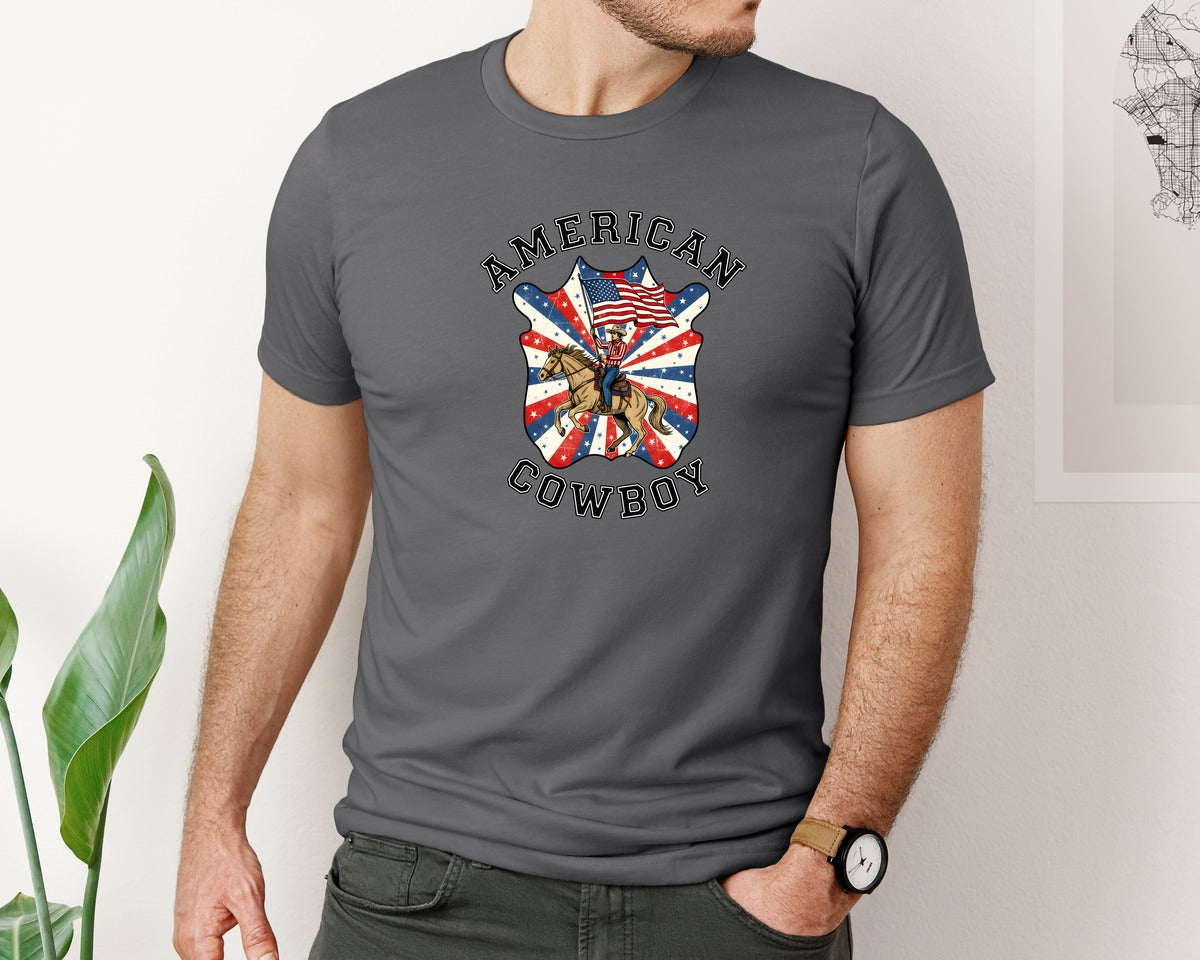 brand:Bella Canvas|color:Asphalt|American Flag Rodeo Cowboy Bronco Graphic T-Shirt