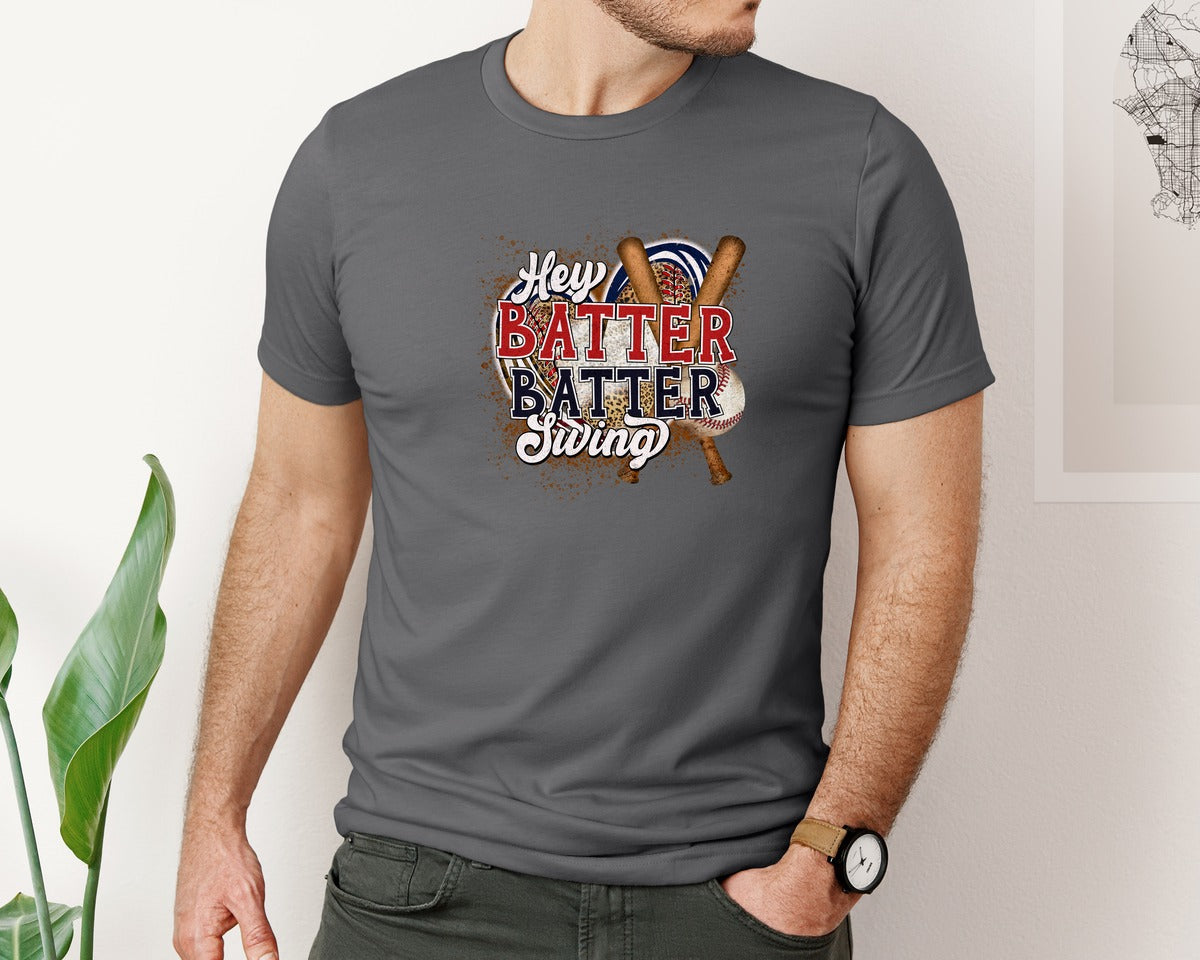 brand:Bella Canvas|color:Asphalt|Baseball Hey Batter Batter Swing 2 Graphic T-Shirt