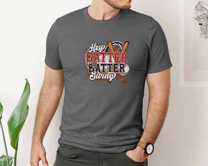 brand:Bella Canvas|color:Asphalt|Baseball Hey Batter Batter Swing 2 Graphic T-Shirt