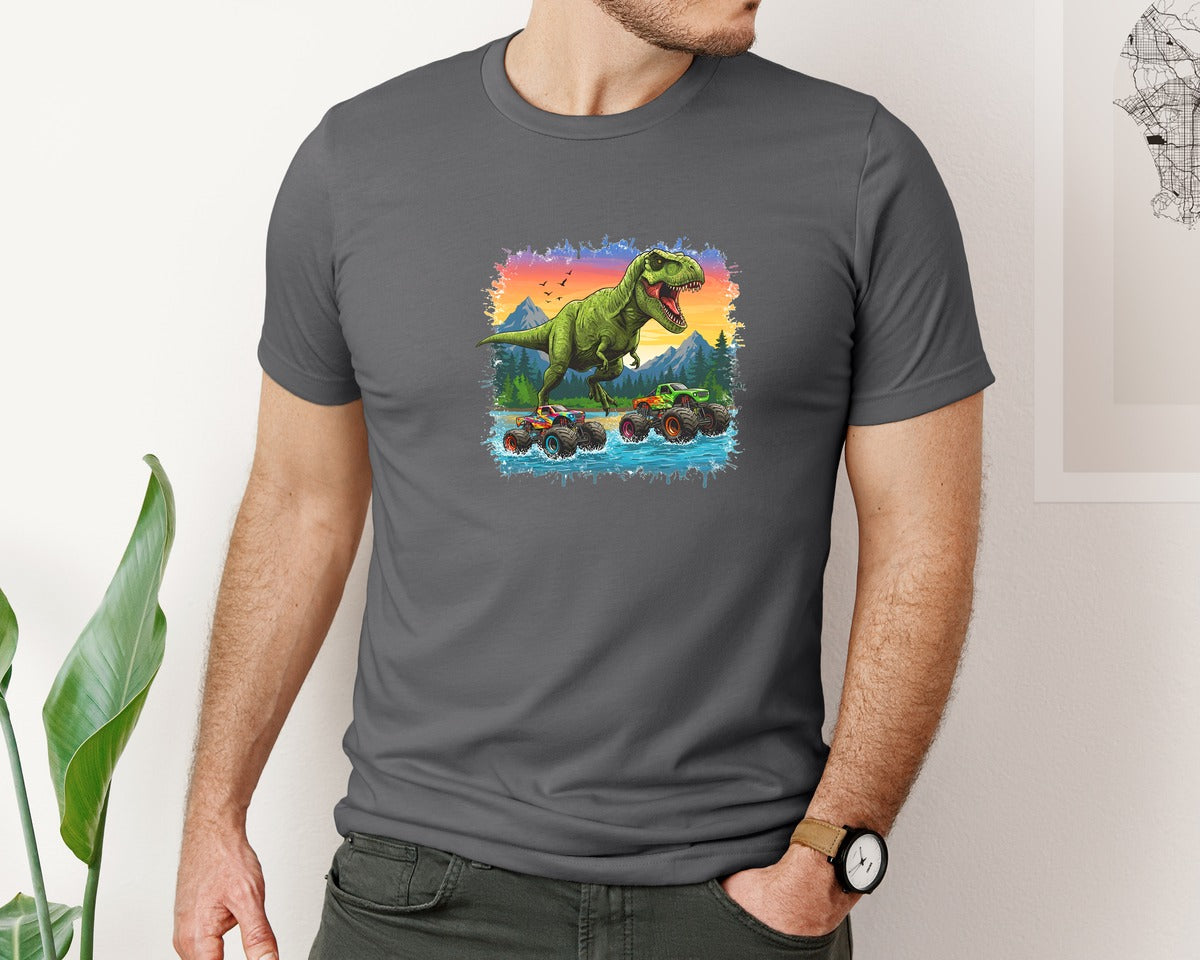 brand:Bella Canvas|color:Asphalt|Dinosaur Monster Truck T Rex Graphic T-Shirt