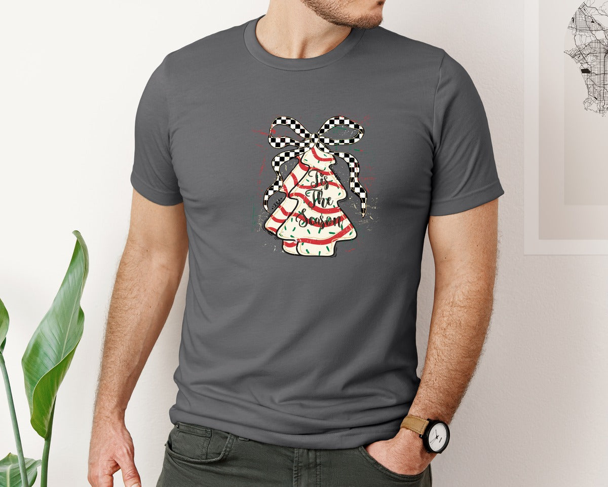 brand:Bella Canvas|color:Asphalt|Christmas Tree Cake Coquette Checkered Graphic T-Shirt