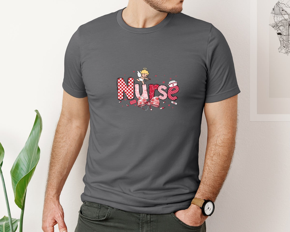 brand:Bella Canvas|color:Asphalt|Valentine Nurse Cupid Heart Bow Graphic T-Shirt