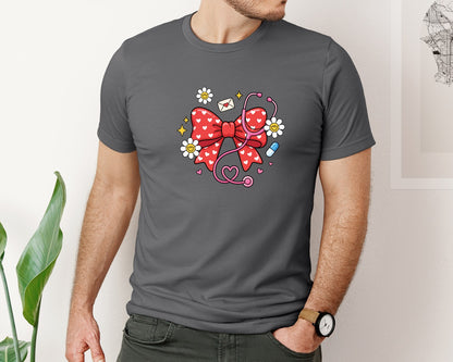 brand:Bella Canvas|color:Asphalt|Valentine Nurse Coquette Bow 7 Graphic T-Shirt