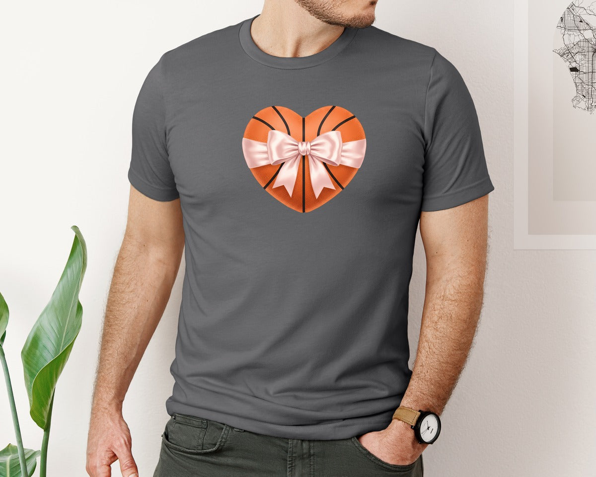 brand:Bella Canvas|color:Asphalt|Heart Shape Basketball Coquette Bow Graphic T-Shirt