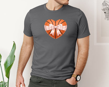 brand:Bella Canvas|color:Asphalt|Heart Shape Basketball Coquette Bow Graphic T-Shirt